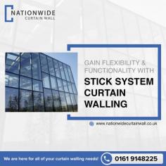 Stick system curtain walling is a curtain walling system that is ideal for small and large building structures. All units in this system are assembled piece by piece on the construction site. Contact Nationwide Curtain Wall today for more information on Stick System Curtain Walling  and to receive a free proposal.

