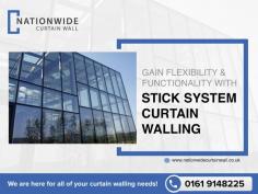 Wooden curtain walling is a type of curtain walling that can be used on both small and large structures. On the construction site, all units in this system are assembled piece by piece. For more information on Stick System Curtain Walling and to receive a free proposal, contact Nationwide Curtain Wall today.
