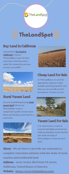 Buy Land In California

Interested to buy land in California? Contact TheLandSpot to get the best real estate solutions and to make the transaction process as easy as possible!