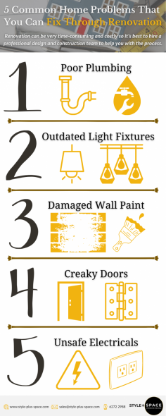 The road to a perfectly renovated home rarely runs smoothly. Once renovation begins, it is quite common to find previously unexpected issues hiding. This infographic shows 5 common home problems that renovation can deal with. Call for the best interior designer in Singapore to guide you step by step and ensure that everything goes smoothly from start to finish.