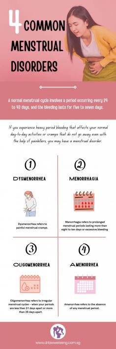 Worried about heavy period bleeding or cramps that do not go away?
You may have a menstrual disorder.  

This infographic is about four common menstrual disorders.  If you experience severe pain during your period or in between, unusually heavy bleeding, abnormal vaginal discharge, or any menstrual irregularity, it is best to consult your gynaecologist to discuss your symptoms.  Seek help from a recommended gynecologist in Singapore to treat it properly.  

Source: https://www.drlawweiseng.com.sg/blog/getting-to-know-the-different-menstrual-disorders/


