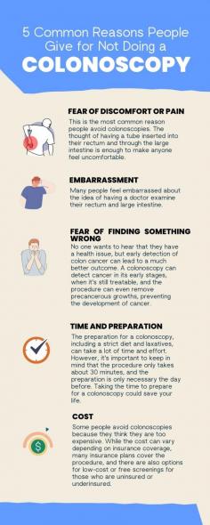 5 Common Reasons People Give for Not Doing a Colonoscopy

A colonoscopy is a screening test for colon cancer and is crucial for early detection. Despite the fear of discomfort or pain, embarrassment, fear of finding something wrong, time and preparation involved, or cost, these reasons should not deter one from undergoing the procedure. Colonoscopies are performed under sedation and are routine procedures performed by trained professionals. Early detection of colon cancer is key to a successful outcome, and insurance plans usually cover the procedure.

Read more: https://www.nexussurgical.sg/articles/5-common-reasons-people-give-to-not-do-a-colonoscopy/