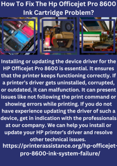 How to fix the hp officejet pro 8600 ink cartridge problem?
Installing or updating the device driver for the HP Officejet Pro 8600 is essential. It ensures that the printer keeps functioning correctly. If a printer’s driver gets uninstalled, corrupted, or outdated, it can malfunction. It can present issues like not following the print command or showing errors while printing. If you do not have experience updating the driver of such a device, get in indication with the professionals at our company. We can help you install or update your HP printer’s driver and resolve other technical issues. https://printerassistance.org/hp-officejet-pro-8600-ink-system-failure/
