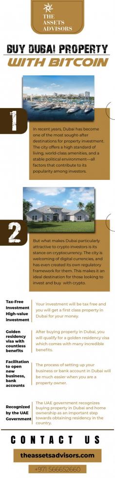 Now buying property with bitcoin has become possible and easier than ever with The Assets Advisors. Buying property with cryptocurrency means you are initiating tax-free investments with high returns. All transactions related to buying and selling properties in Dubai via cryptocurrency are free of charge. Meet us now and get more information. 