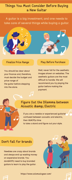 Buying guitars is always an exciting Process. It doesn't matter if it's your first guitar or fifth you will always get thrilled while purchasing a guitar. A guitar is a big investment, and one needs to take care of several things while buying a guitar. Like cars and electrical appliances, you should always thoroughly research about guitars before finalizing your dream guitar. Visit website: https://www.solomusicgear.com
