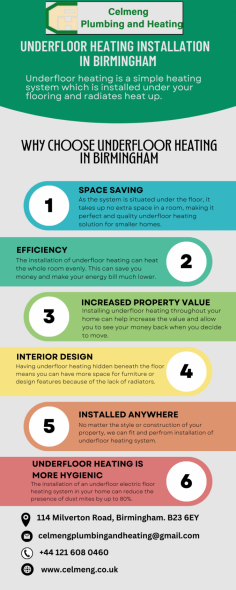 Celmeng Plumbing and Heating can be there when you need us. Our plumbing company provides plumbing services to homes and businesses across the Birmingham area. Our underfloor heating in Birmingham is sociable, punctual, and always does the job correctly. Call us right now for emergency plumbing help or to schedule an appointment.


