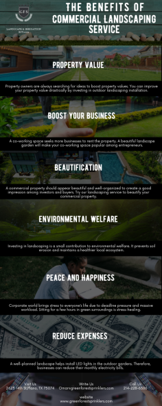 Infographic: The Benefits of Commercial Landscaping Service

Green Forest Sprinklers offers commercial landscaping services like residential landscape services in Texas. Most companies and industrial plants want to improve the aesthetic appearance of their properties. At the same time, investing in landscaping also helps develop an eco-friendly image. We are one of the leading and most trusted commercial landscape design and installation services. Besides landscape design and installation, our services include irrigation planning, design, and installation for commercial and industrial properties.

Know more: https://greenforestsprinklers.com/commercial-landscaping-service/
