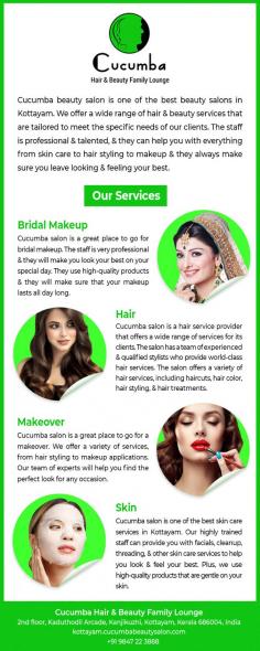 Cucumba is one among the Best salon in Kottayam. We have the best team in our salon, which makes us the top men's and women's beauty salon in Kottayam. To be among the best beauty salons in Kottayam that consistently goes above and beyond your expectations, we've assembled a professional team of fully licenced stylists and beauticians to offer superior services.https://kottayam.cucumbabeautysalon.com/