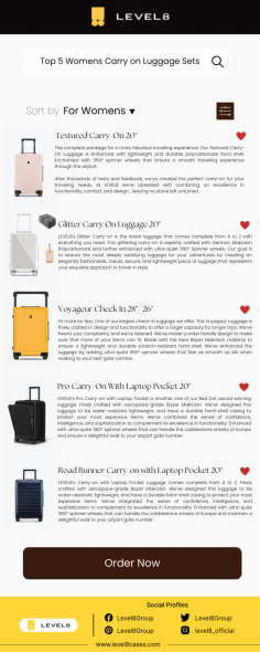 Infographic: Top 5 Womens Carry on Luggage Sets

Many people think there should be no classification between trolleys and luggage pieces for men and women. Indeed, there is no difference in the utility aspects, but there are specifications that could have a distinct application in both trolleys. For instance, the trolleys designed for women have a compact finish with easy movability making them a convenient choice. 

Know more: https://www.level8cases.com/pages/level8-womens-luggage-suitcase