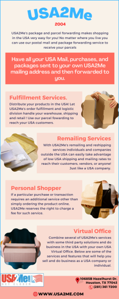 Remailing Services | USA2Me Mail Forwarding  

USA2Me's Remailing Services can assist you in using local couriers and postal services to distribute your sales or send letters or items to your USA customers. Your items will have a USA postmark! Send us your letters or items for remail, and we will put them in the US Postal System. 

Visit Website - https://www.usa2me.com/site/Mail_Services_Remailing.aspx