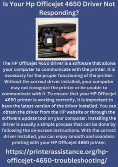 Is Your Hp Officejet 4650 Driver Not Responding?
The HP Officejet 4650 driver is a software that allows your computer to communicate with the printer. It is necessary for the proper functioning of the printer. Without the correct driver installed, your computer may not recognize the printer or be unable to communicate with it. To ensure that your HP Officejet 4650 printer is working correctly, it is important to have the latest version of the driver installed. You can obtain the driver from the HP website or through the software update tool on your computer. Installing the driver is usually a simple process that can be done by following the on-screen instructions. With the correct driver installed, you can enjoy smooth and seamless printing with your HP Officejet 4650 printer.https://printerassistance.org/hp-officejet-4650-troubleshooting/


