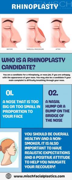 Wondering if you're a good candidate for rhinoplasty? Find out here! A rhinoplasty candidate is typically someone who is unhappy with the appearance or functionality of their nose. This could include issues such as a crooked nose, a bump on the bridge, or difficulty breathing due to structural problems. If you're considering rhinoplasty in Denver, schedule a consultation with Dr. Emily Misch who is qualified plastic surgeon to discuss your goals and determine if the procedure is right for you.
https://www.mischfacialplastics.com/rhinoplasty