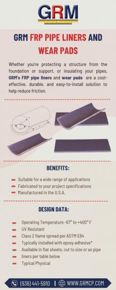 GRM Wear Pads are the perfect solution for reducing wear and friction in industrial services. Our affordable, durable FRP Wear Pads combine thermal stability, chemical resistance, and ease of installation. Click the link below to read more about the many benefits of our FRPs and contact us at (936) 441-5910 if you have questions or need a quote.