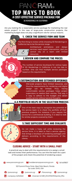 Infographic:-Top Ways to Book a Cost-Effective Service Package for 3D Renderings in California

The first thing to review while choosing 3D Renderings in California has to be the service range.
Architectural animations and design services need expert intervention, and you cannot rely on a team
with limited resources.

Know more: https://www.panoramcgi.com/3d-renderings-in-california