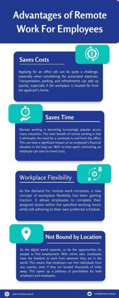 Remote working is becoming increasingly popular and is seen as a great option for both employees and employers. It offers a number of benefits, such as increased productivity, access to better jobs and talent, and lower costs. To know more benefits of remote work for employees and employers please visit here: https://www.hireme.cloud/blogs/the-benefits-of-remote-work-for-employees-and-employers