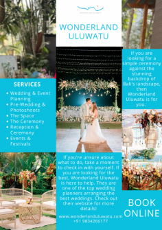 Let us take the stress and worry out of planning your special day! With Bali Wedding Planner, you'll get the perfect combination of luxury and ease that takes your wedding from dream to reality. From wedding venue selection, catering, and photography, to honeymoon packages - we're here to help make your magical day truly unforgettable! 
