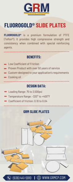 GRM slide plates require no maintenance and have a lifespan comparable to the structure. Our self-lubricating slide plates do not require grouting or surface treatments to accommodate expansion, contraction, and other reciprocating motions. They are ideal for use on structures subjected to thermal, seismic, or differential forces. Please call us at (936) 441-5910 for more information.