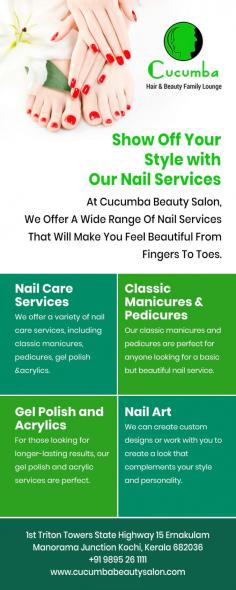 Cucumba Hair and Beauty salon is the best beauty parlour in Kochi. They offer an array of beauty services for women and men. The services offered include facials, manicures, pedicures, hair removal, body waxing, waxing for eyebrows, threading and hair colouring. Visit our site https://cucumbabeautysalon.com/
