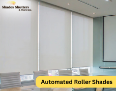 Get the right look for your office and block out the sun with our automated roller shades! Consider using a complete blackout shade so you can finally see your computer screen! Call us at 877-770-8787 for more details.