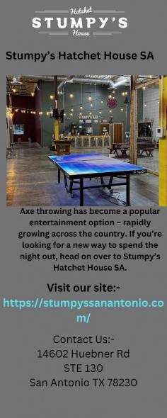 Stumpys in San Antonio is the perfect place to let loose and have some fun. With our axe-throwing pits and giant bar games, you and your friends can compete and see who can hit the target the most. We also have a variety of food and drinks to keep you going, so come on down and let loose at Stumpy's. Just visit our website at Stumpyssanantonio.com.
https://stumpyssanantonio.com/plan-an-event/