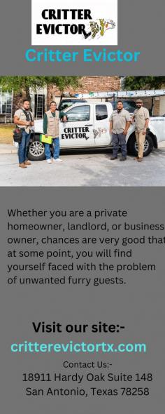 Get the best services for raccoon removal from Critterevictortx.com in San Antonio. We provide excellent services by using a special chemical treatment to convenience them to leave on their own. Do visit our site for more info.
https://critterevictortx.com/evict-raccoons/