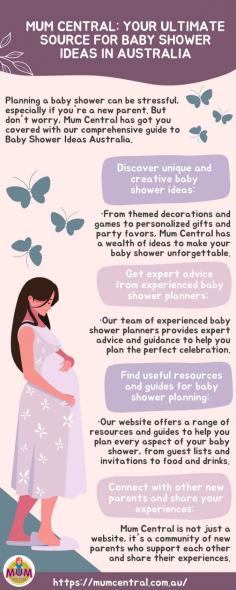 Planning a baby shower can be stressful, especially if you're a new parent. But don't worry, Mum Central has got you covered with our comprehensive guide to Baby Shower Ideas Australia.

For more information https://mumcentral.com.au/category/pregnancy/baby-showers/