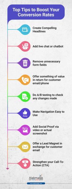 1. Create Compelling Headlines
2. Add live chat or chatbot
3. Remove unnecessary form fields
4. Offer something of value in return for customer email/phone
5. Do A/B testing to check any changes made
6. Make Navigation Easy to Use
7. Add Social Proof via video or actual screenshot
8. Offer a Lead Magnet in exchange for customer email
9. Strengthen your Call-To-Action (CTA)