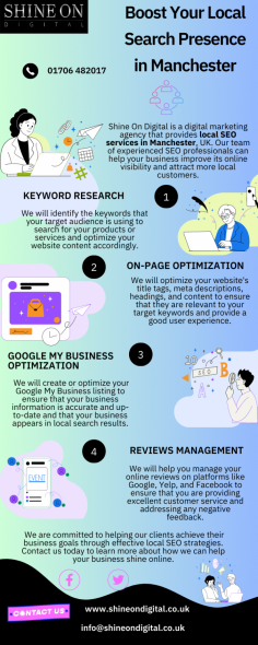 Looking for a way to increase your business's visibility in the local search results? Our team of experts can help optimize your website, create local listings, and improve your online reputation to get you more leads and customers. At Shine On Digital, Boost Your Online Presence with Our Local SEO Services in Manchester.