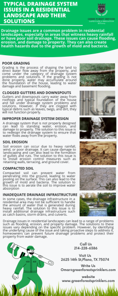 Infographic: Typical Drainage System Issues in a Residential Landscape and Their Solutions

Drainage issues are a common problem in residential landscapes, especially in areas that witness heavy rainfall or have poor soil drainage. These issues can cause flooding, erosion, and damage to property. They can also create health hazards due to the growth of mold and bacteria. 


Know more: https://greenforestsprinklers.com/drainage-solution/