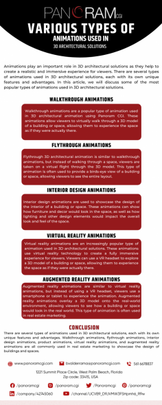 Infographic:- Various Types of Animations Used In 3D Architectural Solutions

We undergo a white 3D model approval process with our clients to finalize modeling details before moving into materials and texture phase. Our phase approval process assures us we meet clients expectations.

Know more: https://www.panoramcgi.com/3d-architectural-rendering-services
