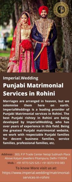 Punjabi Matrimonial Services in Rohini
Marriages are arranged in heaven, but we solemnise them here on earth. ImperialWeddings is a leading provider of Punjabi Matrimonial services in Rohini. The best Punjabi rishtey in Rohini are being developed by ImperialWedding, who has over years of experience in this field. Being the greatest Punjabi matrimonial website, we work with respectable Punjabi families for decent business families, service families, professional families, etc.
For more info visit us at: https://www.imperial.wedding/matrimonial-services-in-rohini 