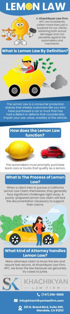 If you are facing the challenges of a lemon vehicle and need professional legal representation, Khachikyan Law Firm APC is the most suitable choice for you. Schedule a free consultation with experienced lemon law attorney and take the first step toward resolving your lemon law claim. 