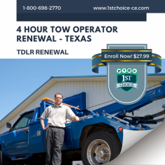 1st Choice CE Renewing your tow operator license has never been more accessible! With TDLR License Renewal, you can quickly and easily renew your license online in just a few simple steps. No more waiting in line, no more trick paperwork - fill out the form, and you're done! Get started today to get back on the road as soon as possible. If you have any questions, please call us at 1-800-698-2770.