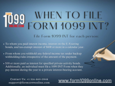 Form1099Online provides e-filing services for 1099 INT Tax Forms and many more. Thus, Get started with us for free and start filing unlimited 1099 Tax Forms with a single click. File 1099 INT: https://www.form1099online.com/1099-forms/1099-int-form/ 