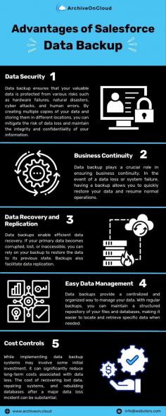 In today's digital age, where data plays a vital role in our personal and professional lives, it's crucial to understand the advantages of data backup. Data loss can occur due to various reasons, such as hardware failure, human error, malware attacks, or natural disasters. To protect yourself from potential disasters and ensure the security of your valuable information, here are some key advantages of data backup. https://www.archiveon.cloud/8-things-about-salesforce-data-backup-you-may-not-have-known/ 

 