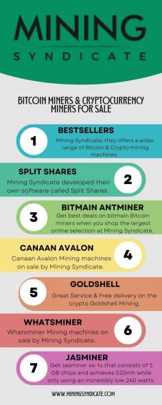 Bitcoin Miners & Cryptocurrency Miners for Sale

Finding best Bitcoin miner for sale? Contact Mining Syndicate; they offers a wider range of Bitcoin & Crypto mining machines. Check out their website today & place an order to get your free shipping site wide.
Visit:  www.miningsyndicate.com



