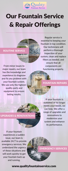 Our team of experienced technicians specializes in fountain service and repairs, and we are dedicated to providing high-quality, reliable service to our customers. Whether you need routine service, repairs, or a complete overhaul of your fountain system, we have the expertise and equipment to get the job done right.