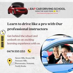 Leap Car Driving School provides customized courses and qualified trainers to impart necessary skills to trainees. Offering private driving school in Seven Hills, Rouse Hill, Pennant Hills, Parramatta, Norwest, and North Rocks, our experienced trainers aim to deliver quality driving instructions and excellent customer service. Enroll in our driving school for comprehensive car driving training and join our driving classes to enhance your driving skills.