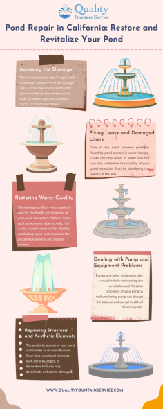 If you feel overwhelmed or require professional assistance, don’t hesitate to contact a reliable pond repair in California, like Quality Fountain Service. With proper care and maintenance, your pond will continue to bring joy and tranquility to your outdoor space for years to come.

