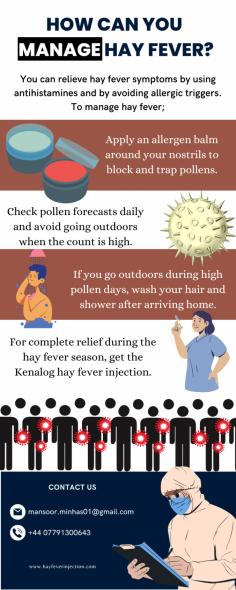 You can relieve hay fever symptoms by using antihistamines and by avoiding allergic triggers. To manage hay fever.
Know more: https://www.hayfeverinjection.com/



