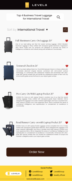 Infographic:- Top 4 Business Travel Luggage for International Travel

At LEVEL8 we love to make your traveling experience better by showcasing products that are superior in durability, functionality, and elegant in design. 

Know more: https://www.level8cases.com/collections/best-carry-on-luggage-level8
