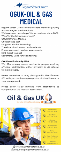 OGUK- Oil & Gas Medical

We offer an easy access service for people requiring offshore certification, either privately or via referral from employers.
Know more: https://www.regentstreetclinic.co.uk/oguk-oil-gas-medical/
