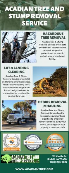 If you require reliable tree removal services in Covington, Acadian Tree & Stump Removal Service can help you. Our team of experts will safely and efficiently remove any unwanted trees or stumps from your property. Apart from this, we remove trees efficiently, even in the most extreme of emergencies. For more about Tree Removal Covington, contact us at (985) 285-9827.

Website: https://acadiantree.com/tree-removal-covington/
