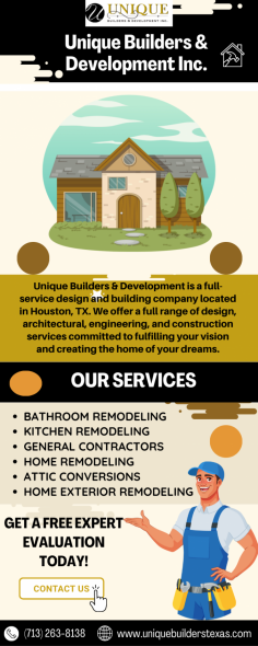 General Contractors Houston | Unique Builders

Unique Builder is a trusted General Contractor in Houston, TX. Our goal is to provide our clients with the high-quality construction services they deserve, at competitive prices. Our professionals are certified and experienced, ensuring your project will be completed on schedule and within budget. To learn more about how we can help you, call us today at (713) 263-8138 or email us at info@uniquebuilderstexas.com.