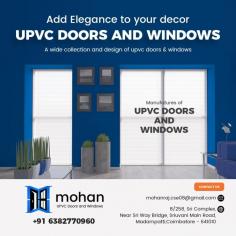 The distinct style of Mohan UPVC Doors and Windows distinguishes it from the competition. We believe in collaborating with you to achieve the look you desire.
All of our items are completely customizable, and achieving your ideal house is our top concern. With our one-of-a-kind selection of uPVC doors and windows, your home will stand out from the crowd!

Mohan UPVC Windows & Doors, situated in Coimbatore, is a renowned Upvc window manufacturing firm with operations throughout Tamil Nadu. We manufacture high-quality uPVC windows and doors using high-quality German profiles and our state-of-the-art machinery.

We devote our full focus to designing items that satisfy our customers. We believe that a happy consumer can help us grow.

** Expertise Installations
** Transparent Communication
**Reasonable Price
** Guaranteed Works