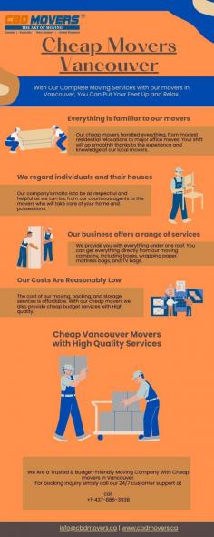 Our cheap movers in Vancouver provide affordable and reliable moving services. With a team of experienced professionals, they handle residential and commercial moves efficiently and safely. We provide competitive rates without compromising on quality. Whether it's local or long-distance, our cheap movers in Vancouver are the budget-friendly choice for a stress-free relocation. https://www.cbdmovers.ca/movers/vancouver/
