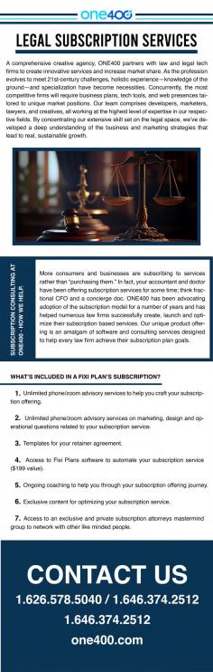 At one400, we offer innovative and tailored legal subscription service plans designed to empower legal professionals with enhanced efficiency, cost-effectiveness, and seamless workflows. Our subscription packages provide a comprehensive suite of services, tools, and resources that enable law firms to optimize their operations and deliver exceptional client experiences. 

For more details, visit
https://one400.com/services/law-firm-subscription-plans/