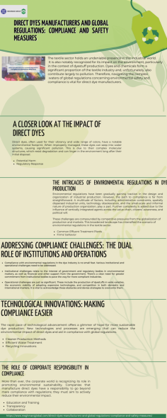 Discover the world of direct dyes manufacturers and explore global regulations. Learn about compliance and safety measures for these dyes. Stay informed about safe and reliable dyeing processes.

Read more: https://www.meghmaniglobal.com/direct-dyes-manufacturers-and-global-regulations-compliance-and-safety-measures/
