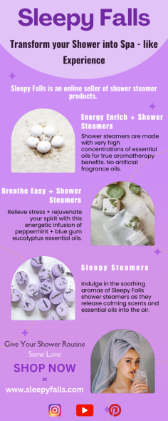 Sleepy Falls is an online seller of shower steamer products. It transforms your shower into a spa-like experience. Shower steamers release a fragrance from essential oils. It helps with anxiety and promotes deep sleep. It also releases melatonin and improves sleep quality. These are Cruelty-free products with no animal testing. For more information, contact us today.
https://www.sleepyfalls.com/