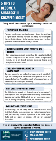 Becoming a successful cosmetologist requires a combination of technical skills, creativity, and strong interpersonal abilities. Here are five tips to help you on your journey to becoming a successful cosmetologist. Start your journey today and transform your passion into a rewarding career. If you want to learn more about Cosmetologist License Renewal, call us at 800-698-2770 today!